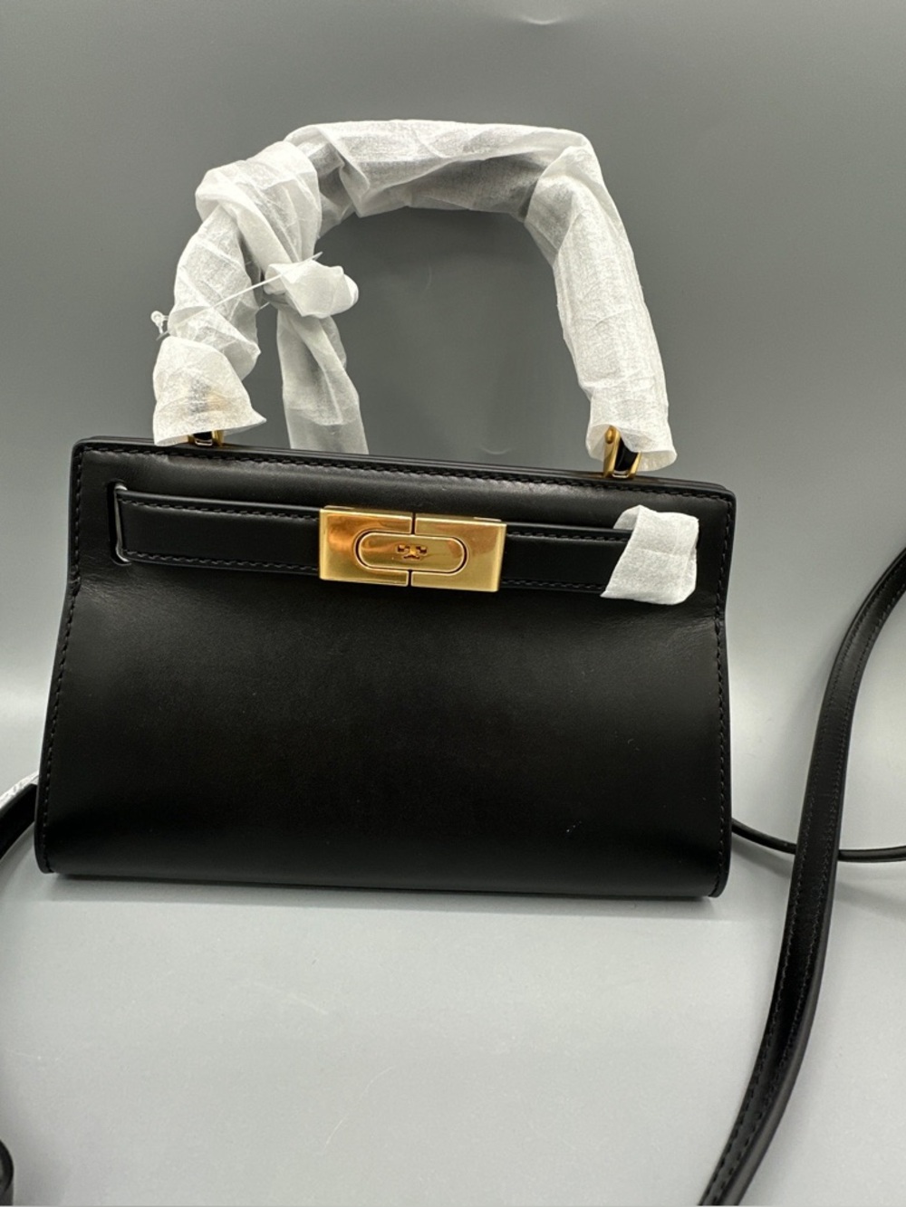 Tory Burch Lee Radziwill Petite Classic Bag Smooth Black Leather Top-Handle Bag